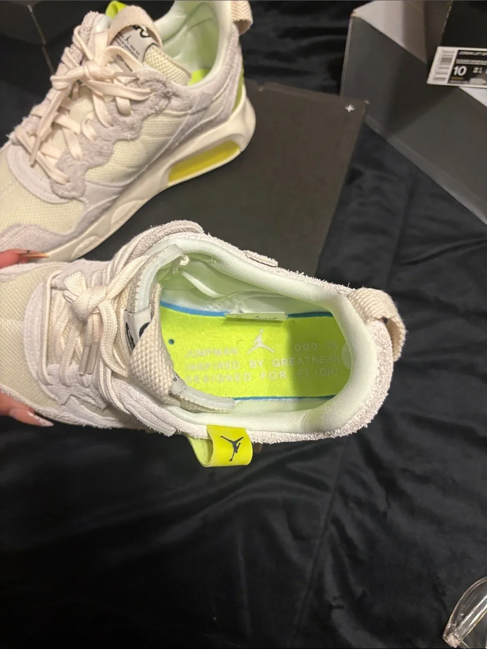 Jordan Neutral White and Lime Green Accent Sneakers
